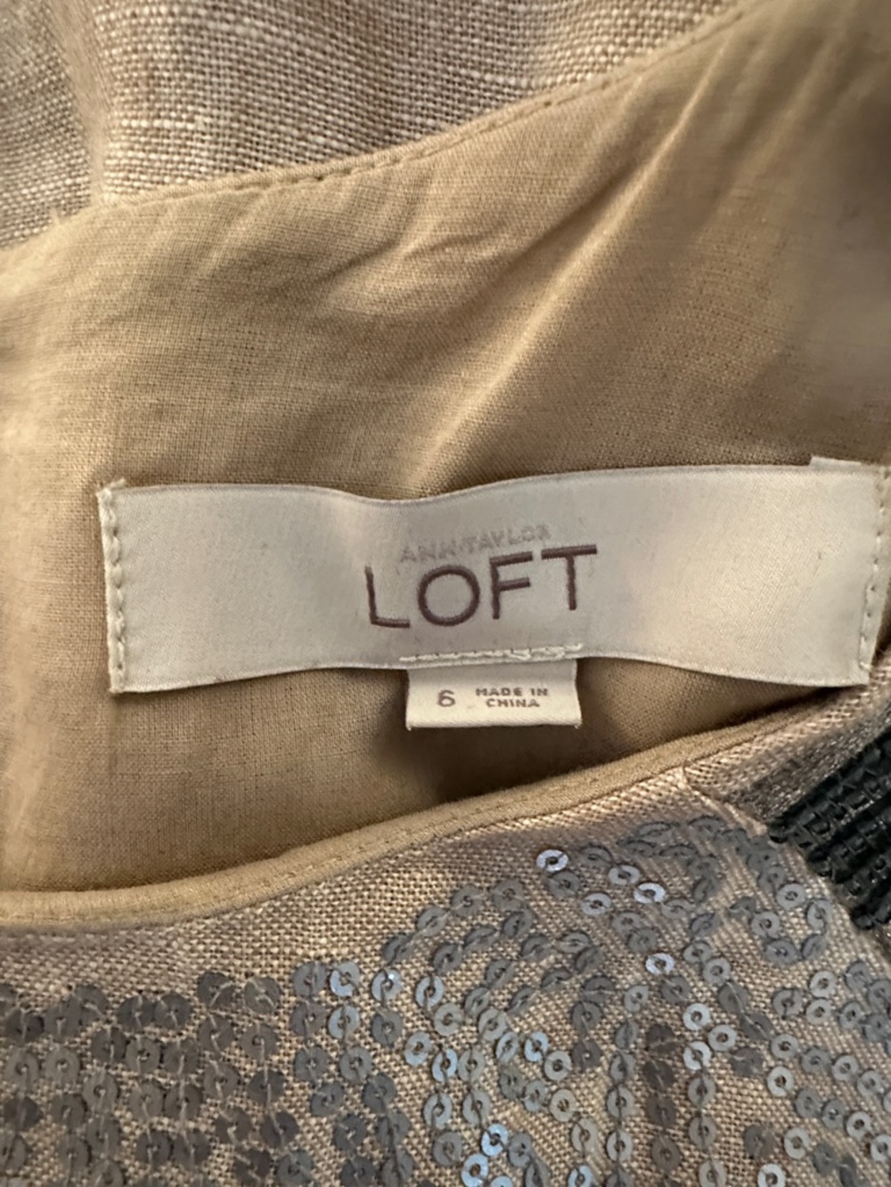 LOFT 100% Linen Cream Silver Sequin Gray Beaded Summer Classic Sheath Dress Sz 6 - Picture 4 of 6